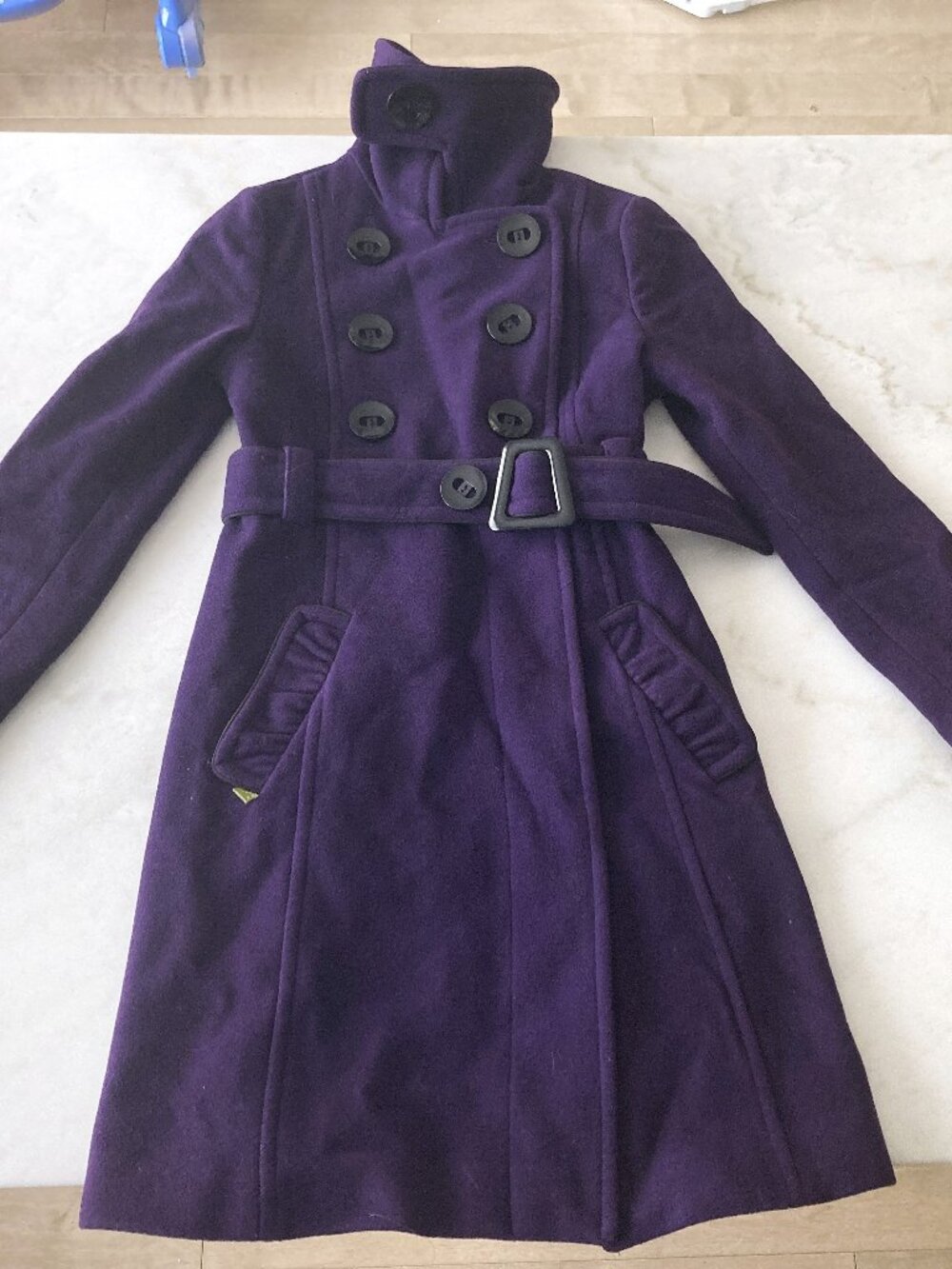 Soia & Kyo purple wool coat / funnel neck jacket, double breasted buttons, belt